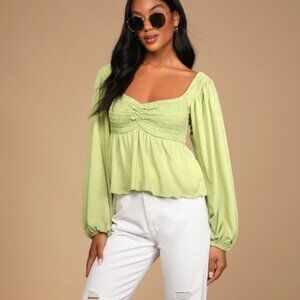 Lulus Ready For Spring Light Green Smocked Long Sleeve Top - Size M